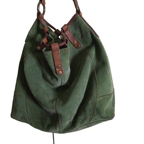 Lucky Brand Green Suede Brown Leather Trim Hobo Bucket Shoulder Bag 19"x14"x4" - Picture 6 of 13